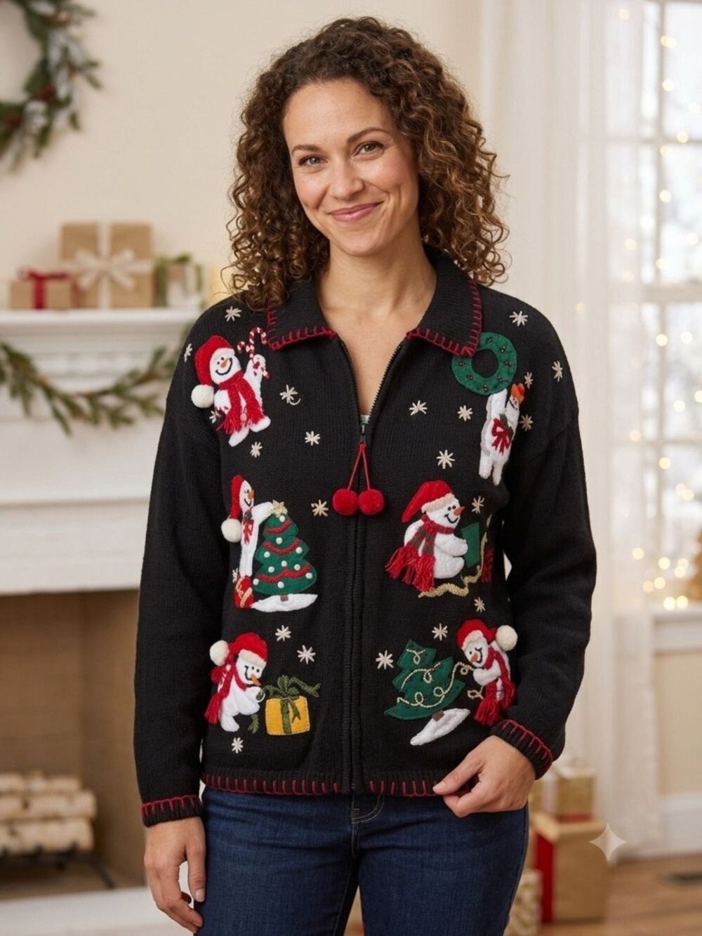 Tiara International Vtg Christmas Snowman Full Zip Cardigan L Holiday Whimsical - Picture 2 of 12